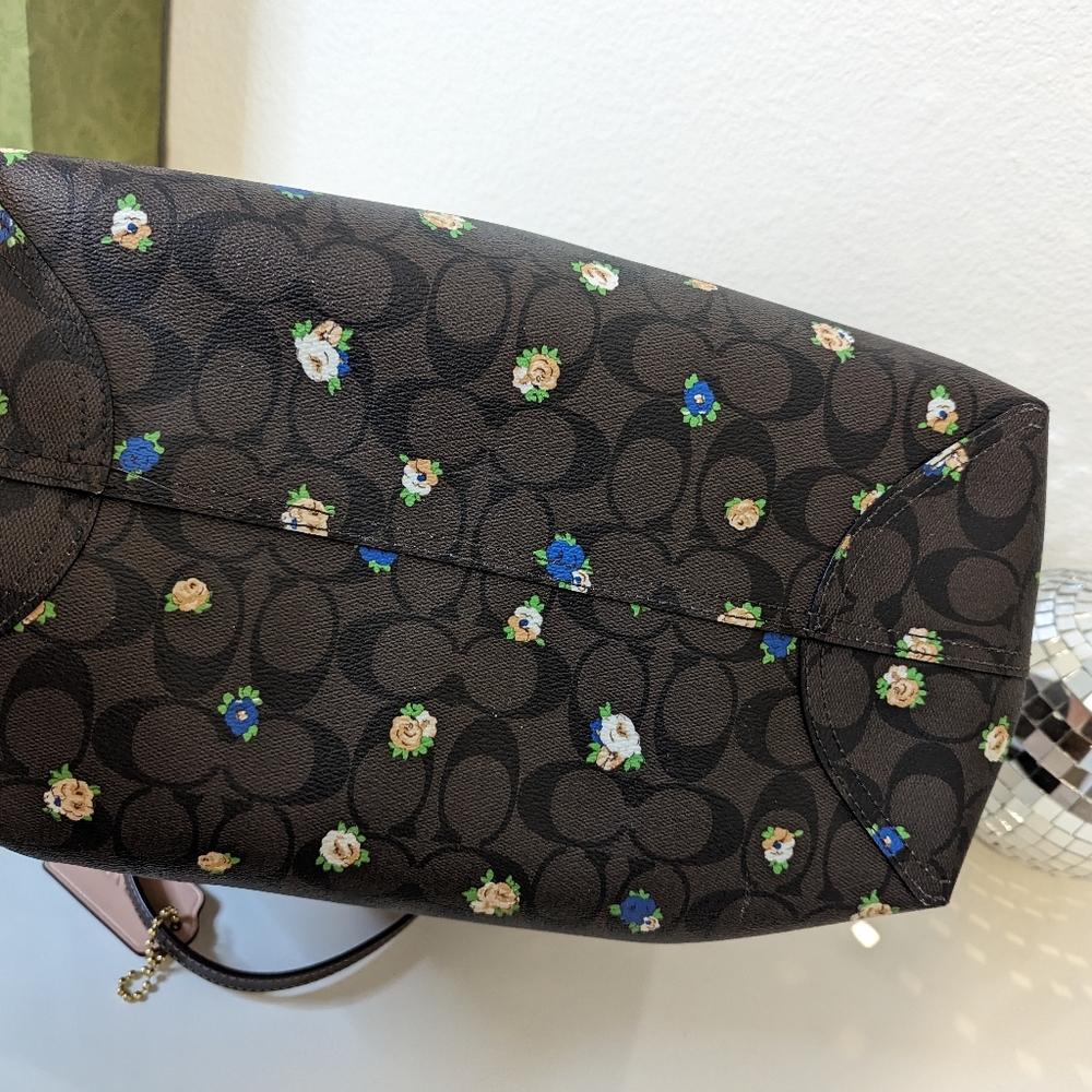 Coach Brown Floral Logo Tote with Blue and Cream Accents - Picture 12 of 16